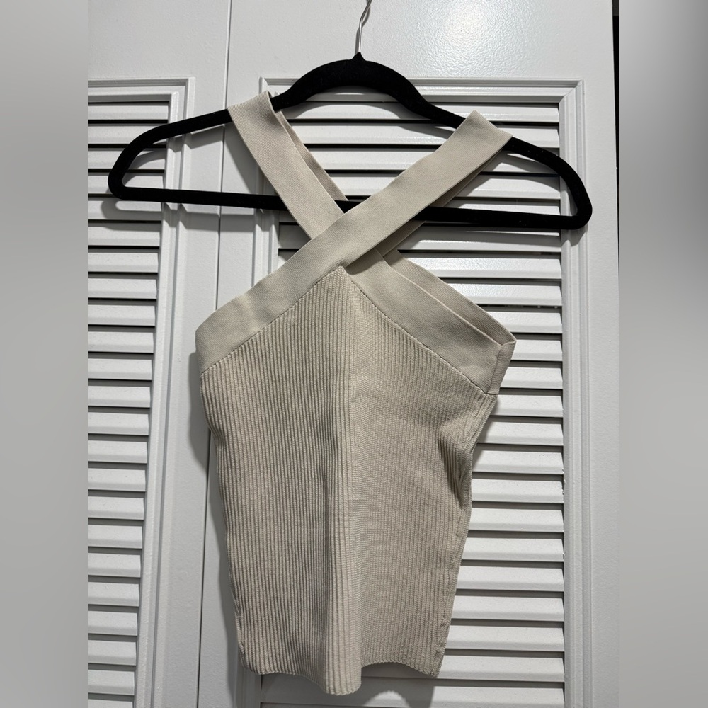 Aritzia Babaton Beige Ribbed Knit Cross Over Neck Top